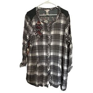 Christopher & Banks XL Plaid Floral Mixed Media Tunic Top Embroidered Pockets